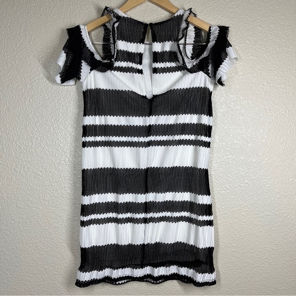 Zara Mini Dress‎ Cold Shoulder Mesh Lace Black/White Stripe Women’s Size Small - Picture 4 of 10